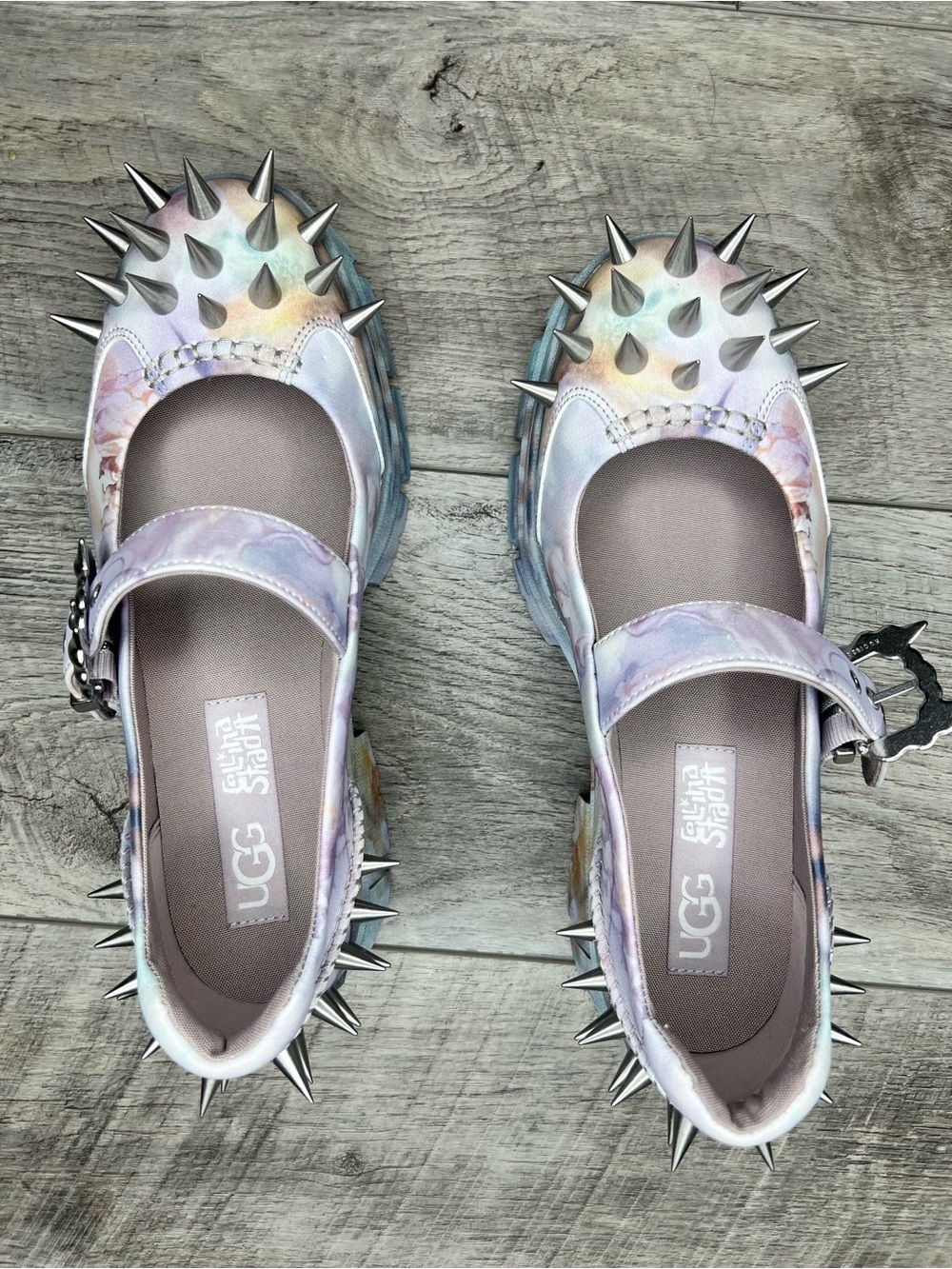 UGG Pastel Tie-Dye Mary Jane Flats with Silver Spiked Buckles - Picture 3 of 4